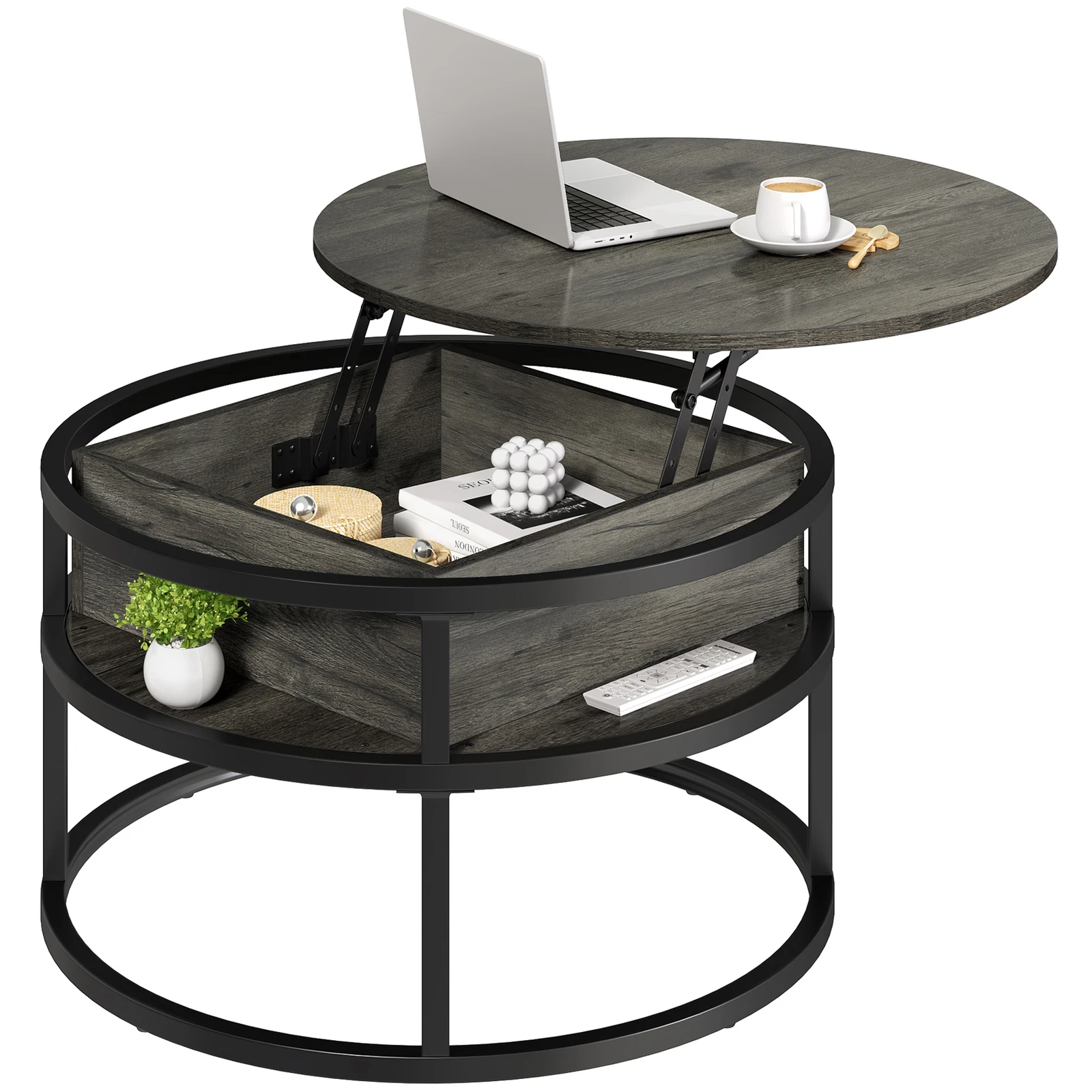 2 Tier Round Lift Top Coffee Table with Hidden Sto